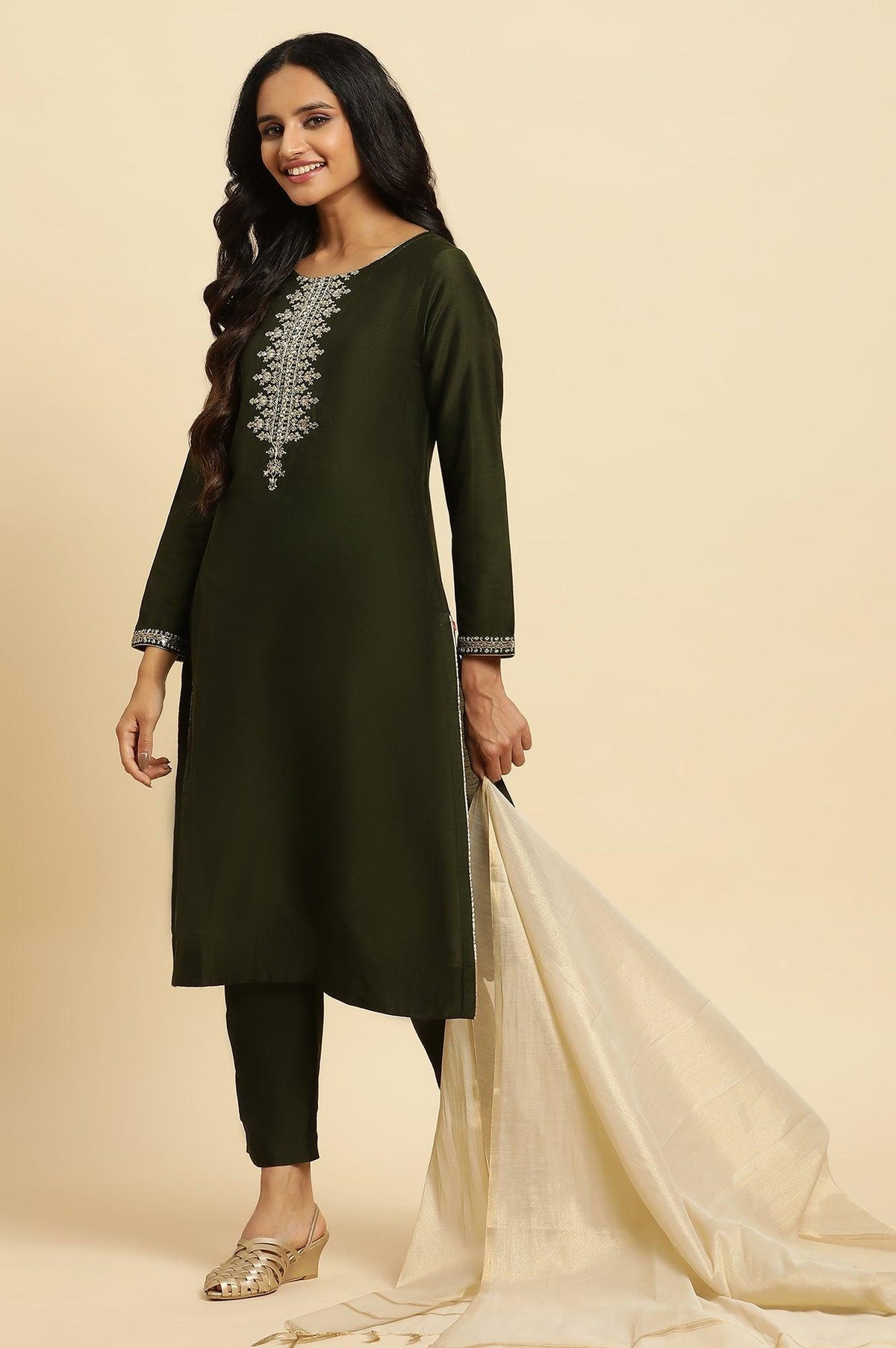 Green Zari Embroidered Straight Kurta, Pant And Dupatta Set - XS