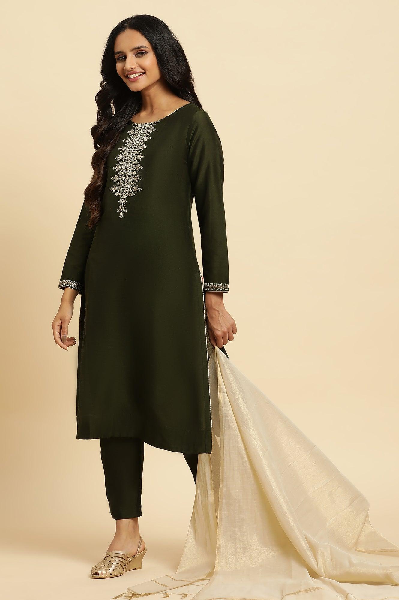 Green Zari Embroidered Straight Kurta, Pant And Dupatta Set - wforwoman