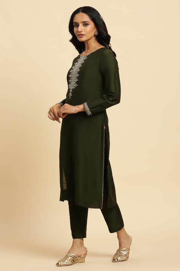 Green Zari Embroidered Straight Kurta, Pant And Dupatta Set