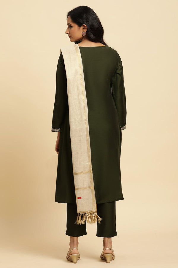Green Zari Embroidered Straight Kurta, Pant And Dupatta Set