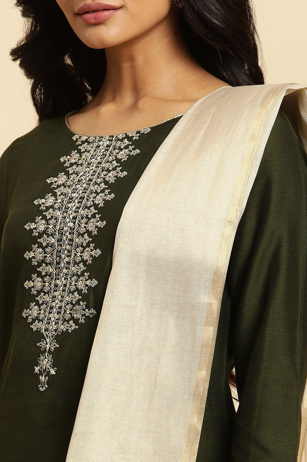 Green Zari Embroidered Straight Kurta, Pant And Dupatta Set