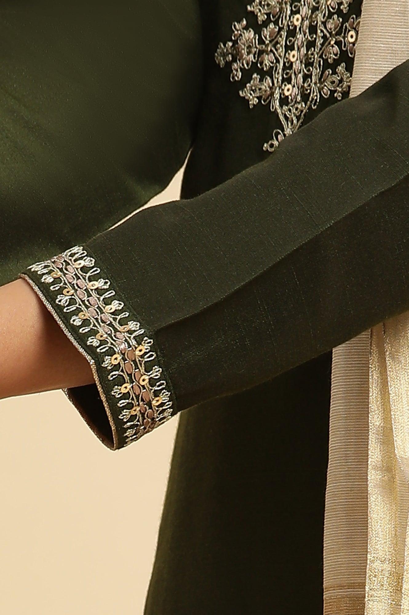 Green Zari Embroidered Straight Kurta, Pant And Dupatta Set - wforwoman