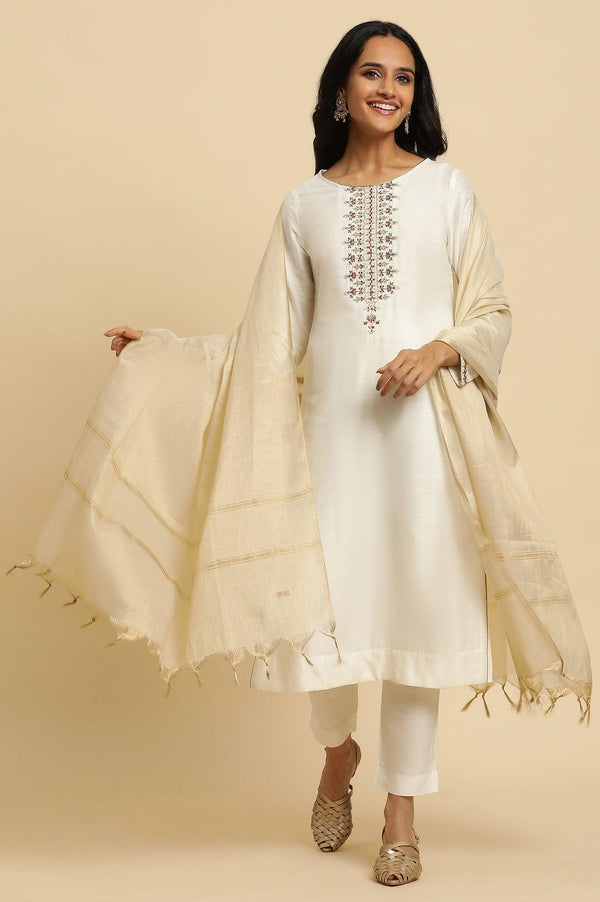 Ivory Zari Embroidered Straight Kurta, Pant And Dupatta Set