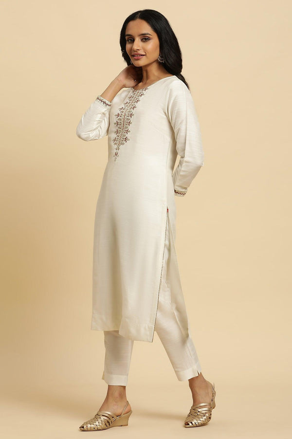 Ivory Zari Embroidered Straight Kurta, Pant And Dupatta Set