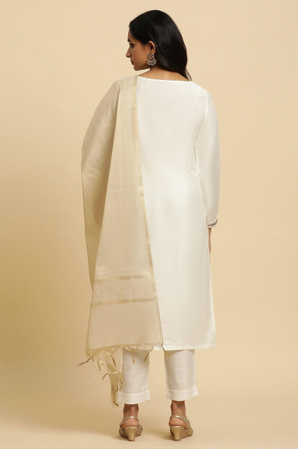 Ivory Zari Embroidered Straight Kurta, Pant And Dupatta Set