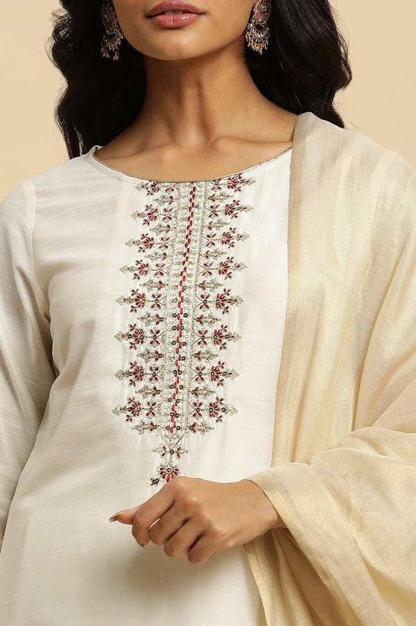 Ivory Zari Embroidered Straight Kurta, Pant And Dupatta Set