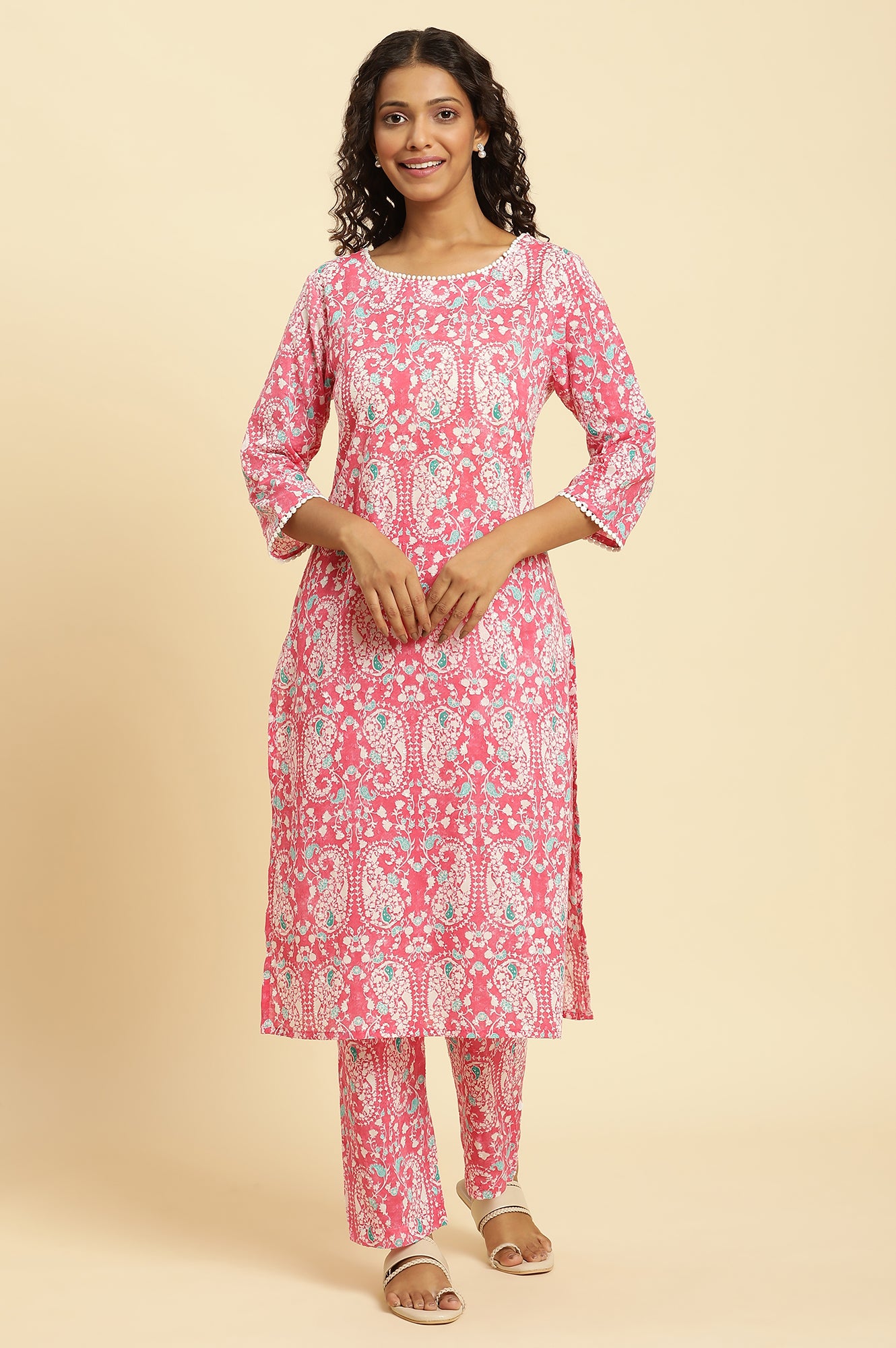 Pink Printed Straight Kurta And Pants Co-Ord Set - wforwoman