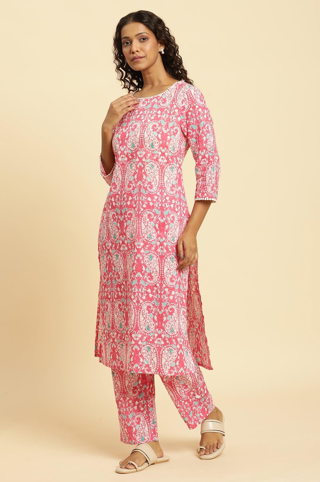Pink Printed Straight Kurta And Pants Co-Ord Set - wforwoman
