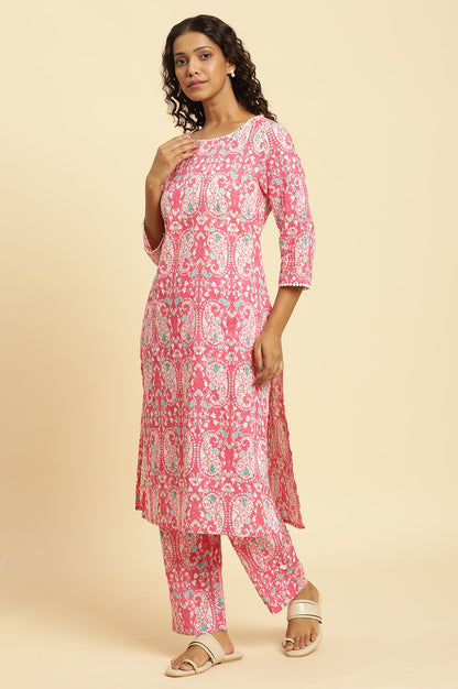Pink Printed Straight Kurta And Pants Co-Ord Set - wforwoman