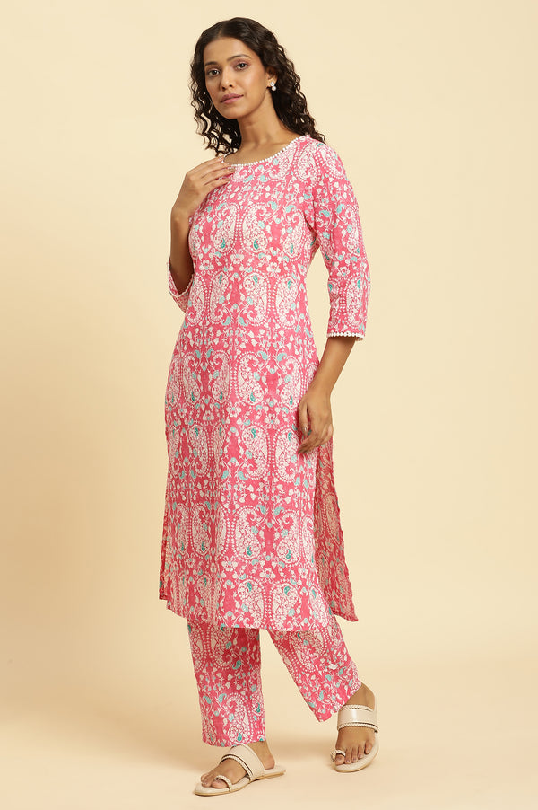 Pink Printed Straight Kurta And Pants Co-Ord Set