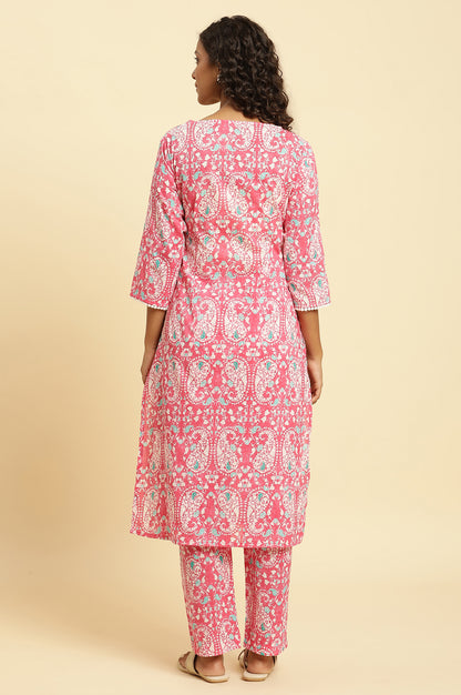 Pink Printed Straight Kurta And Pants Co-Ord Set - wforwoman