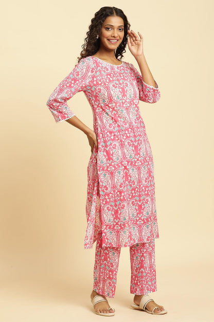 Pink Printed Straight Kurta And Pants Co-Ord Set - wforwoman