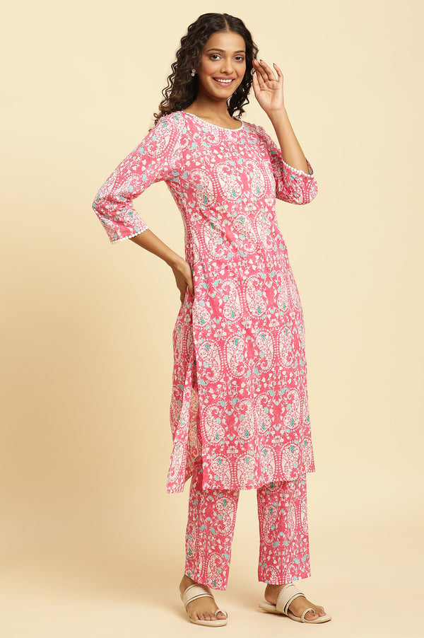 Pink Printed Straight Kurta And Pants Co-Ord Set