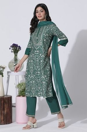 Green Floral Printed Embellished Kurta, Pants With Dupatta Set - XS