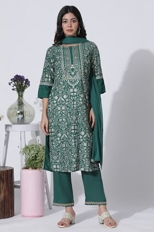 Green Floral Printed Embellished Kurta, Pants With Dupatta Set