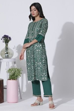 Green Floral Printed Embellished Kurta, Pants With Dupatta Set