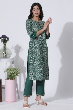 Green Floral Printed Embellished Kurta, Pants With Dupatta Set