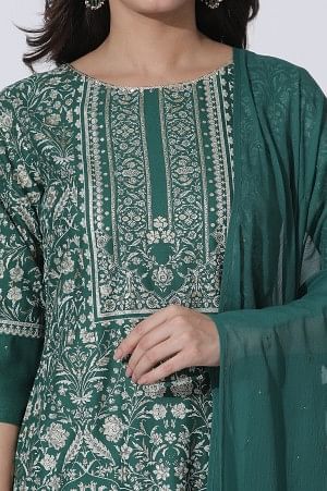 Green Floral Printed Embellished Kurta, Pants With Dupatta Set