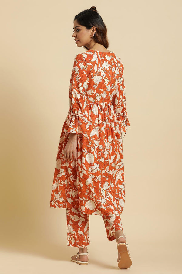 Dark Orange Floral Printed Kurta & Pants Co-Ord Set