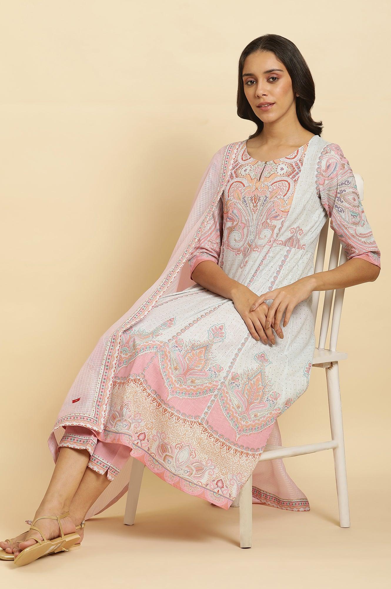 Blue Paisley Printed Anarkali Kurta, Pants &amp; Dupatta Set - wforwoman