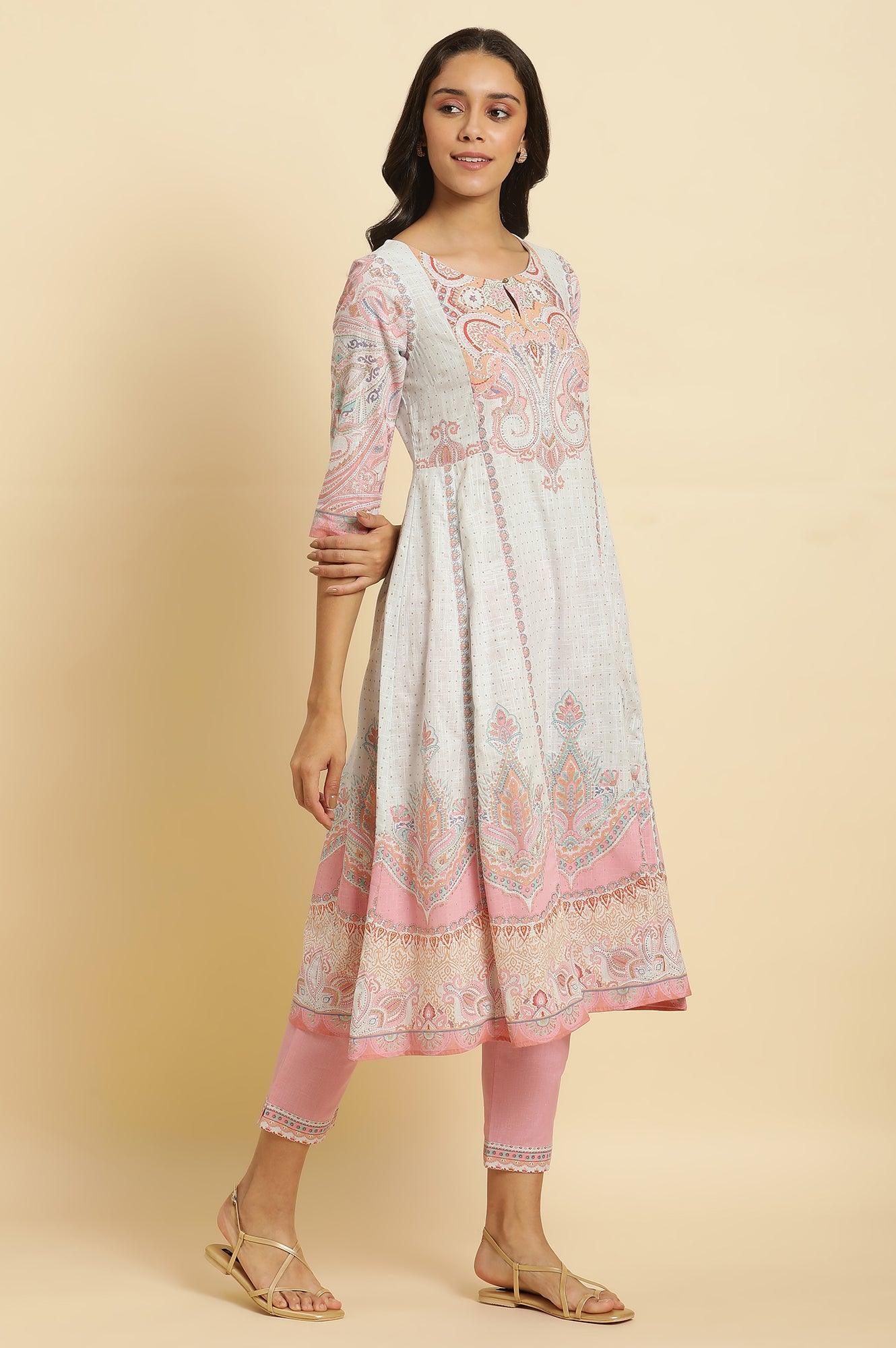 Blue Paisley Printed Anarkali Kurta, Pants &amp; Dupatta Set - wforwoman