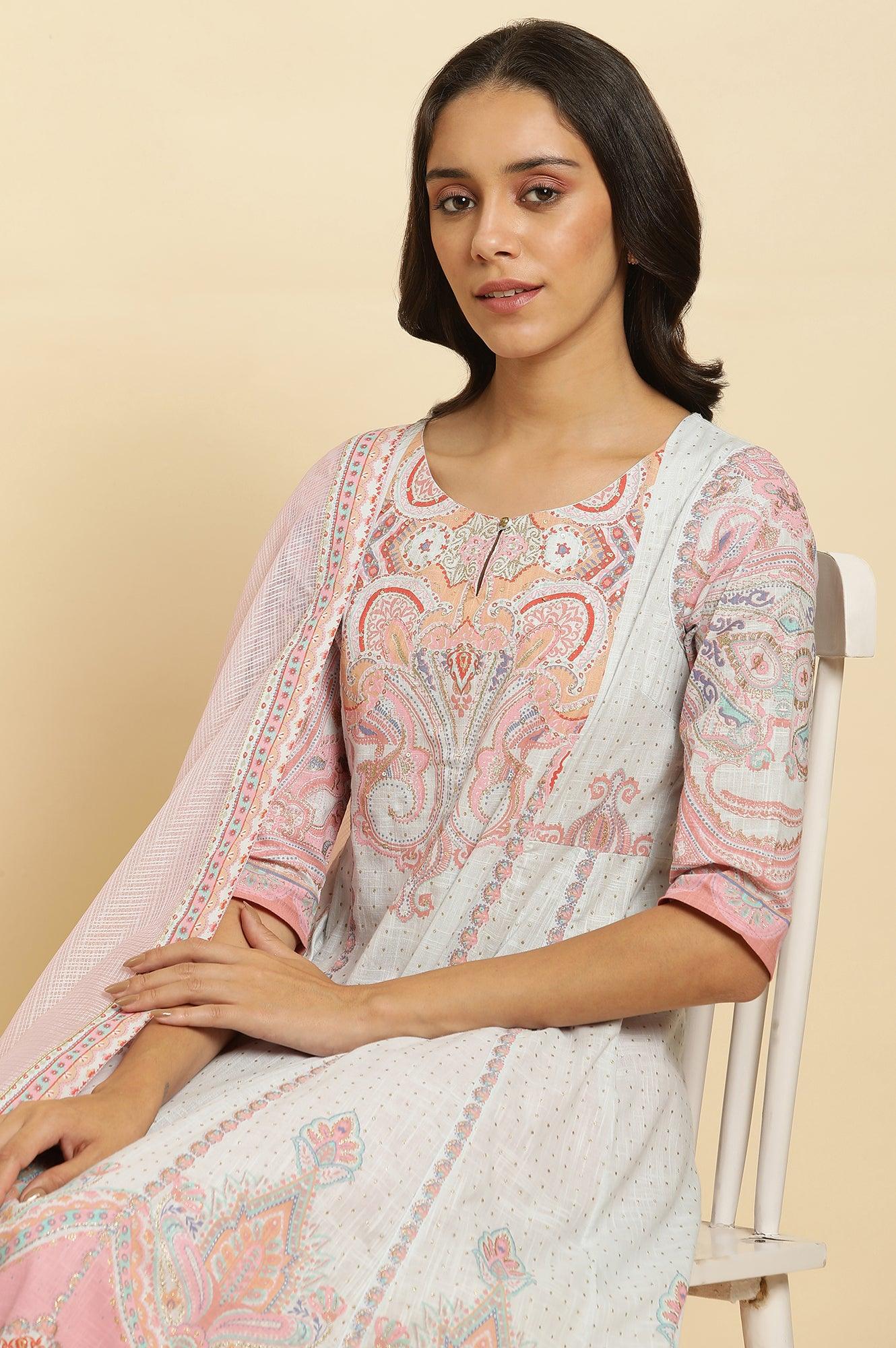 Blue Paisley Printed Anarkali Kurta, Pants &amp; Dupatta Set - wforwoman