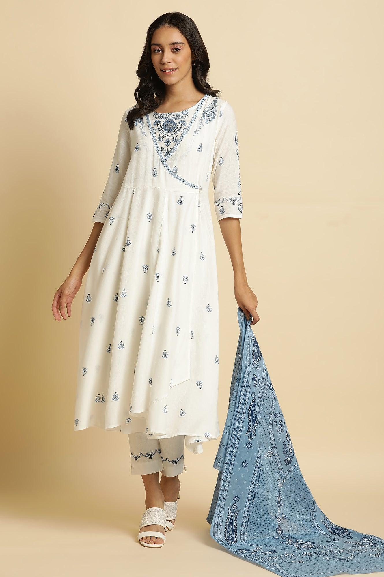 White Panelled Mock Angrakha Kurta, Pants &amp; Dupatta Set - wforwoman