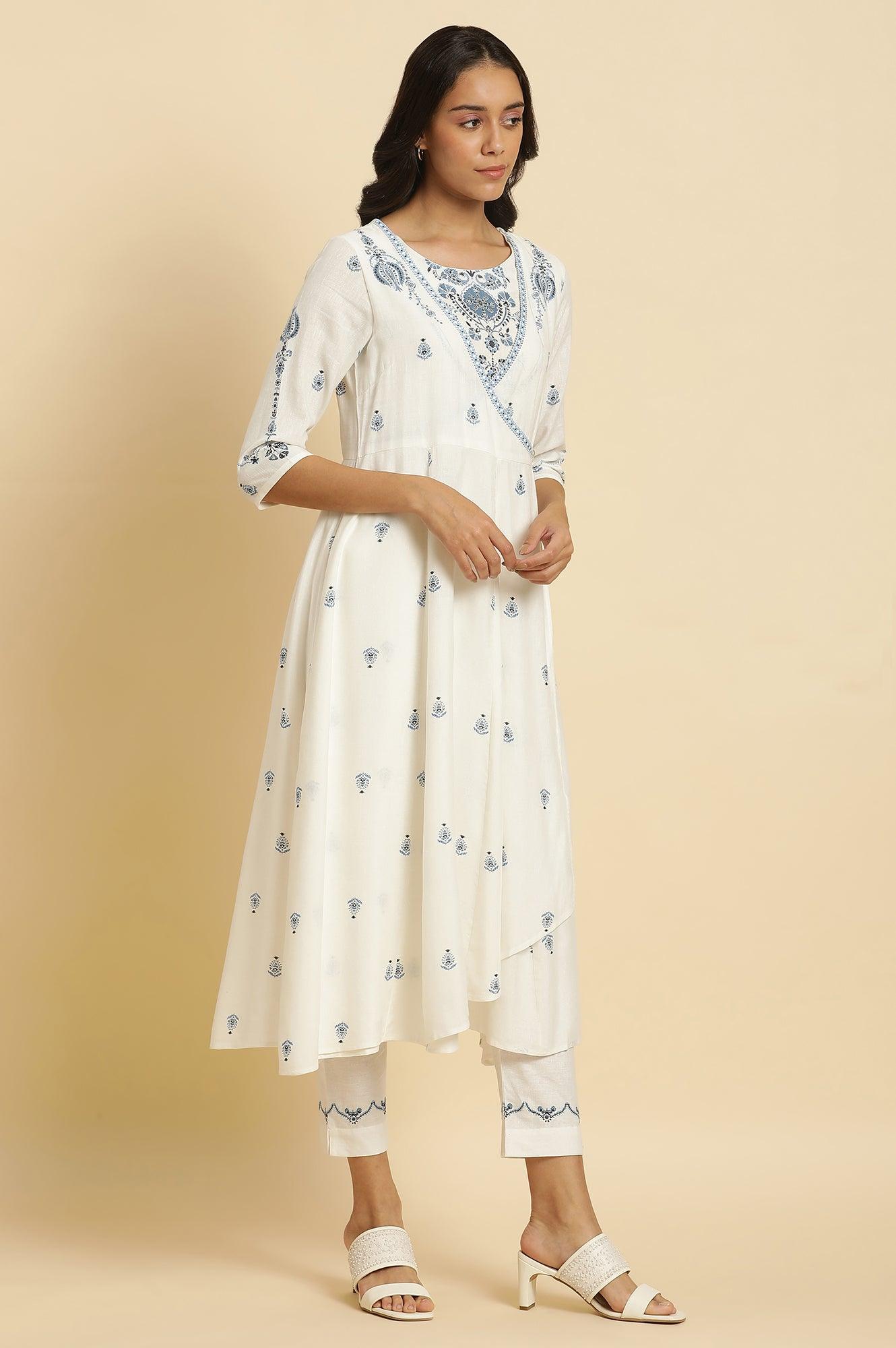 White Panelled Mock Angrakha Kurta, Pants &amp; Dupatta Set - wforwoman