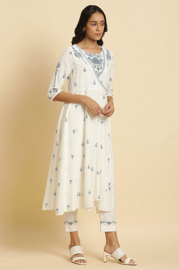 White Panelled Mock Angrakha Kurta, Pants & Dupatta Set