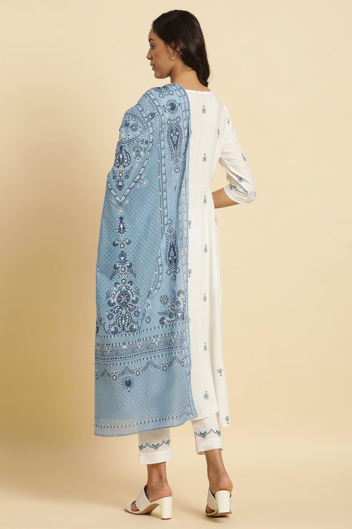 White Panelled Mock Angrakha Kurta, Pants &amp; Dupatta Set - wforwoman