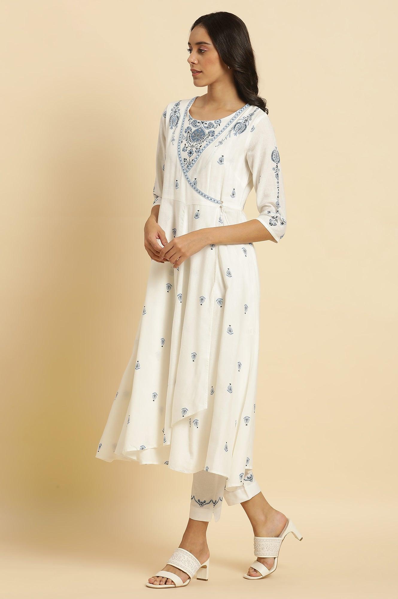White Panelled Mock Angrakha Kurta, Pants &amp; Dupatta Set - wforwoman
