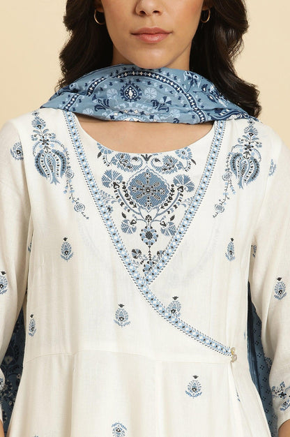 White Panelled Mock Angrakha Kurta, Pants &amp; Dupatta Set - wforwoman