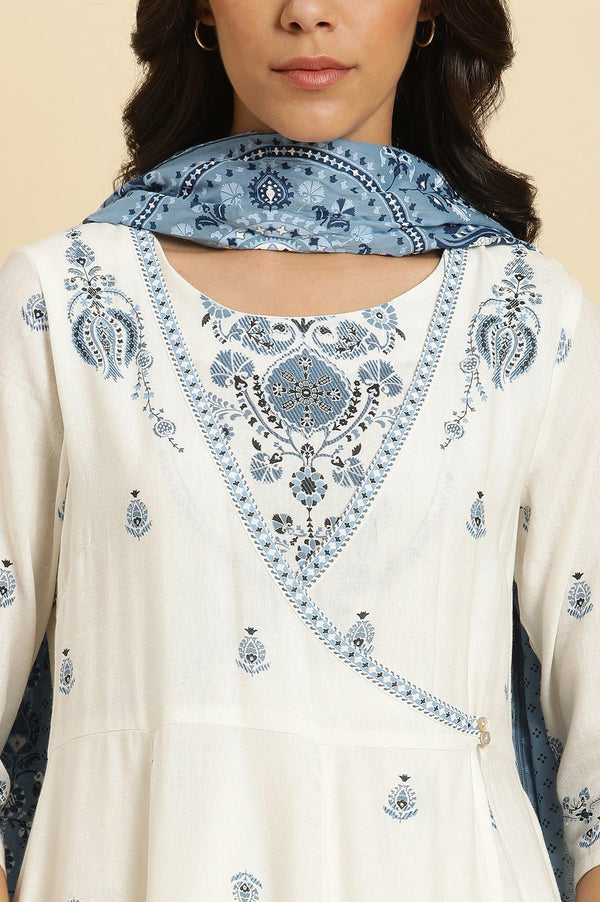 White Panelled Mock Angrakha Kurta, Pants & Dupatta Set