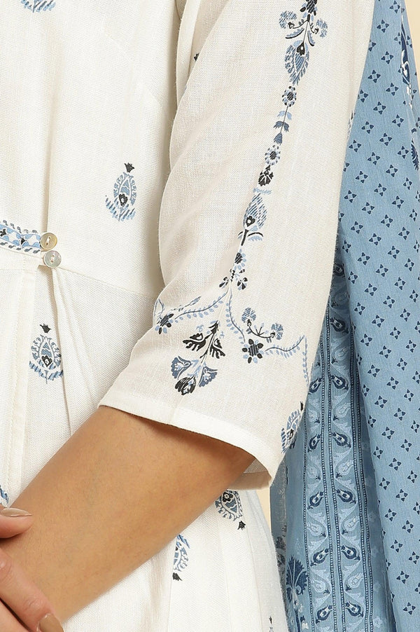 White Panelled Mock Angrakha Kurta, Pants & Dupatta Set