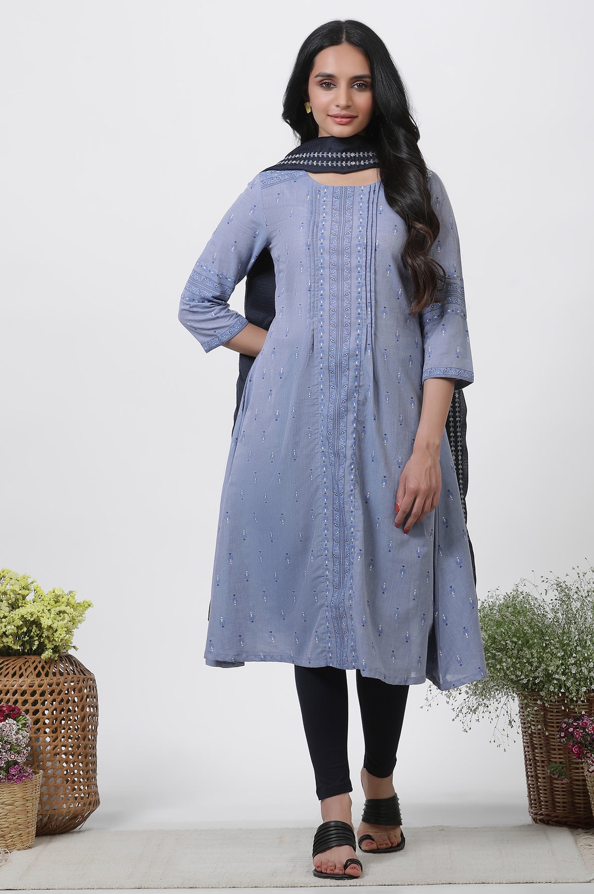 Blue A-Line Printed Kurta, Tights And Embroidered Kota Dupatta - XS