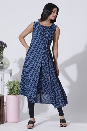 Blue Mock Wrap Printed Flared Kurta And Tights Set - XS