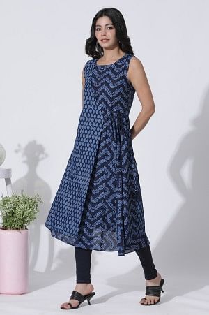 Blue Mock Wrap Printed Flared Kurta And Tights Set