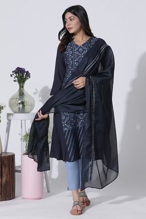 Blue Suzani Motif Printed Kurta, Pants With Dupatta Set - XS