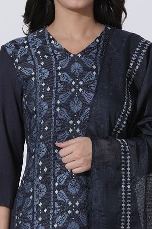 Blue Suzani Motif Printed Kurta, Pants With Dupatta Set
