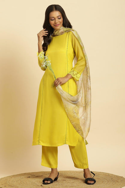 Lime Green Lace Work Kurta, Pants And Dupatta Set - wforwoman