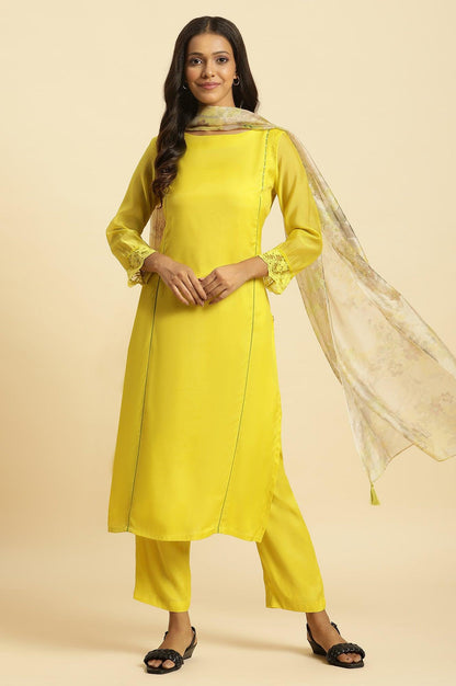 Lime Green Lace Work Kurta, Pants And Dupatta Set - wforwoman