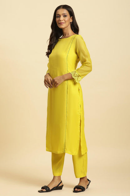 Lime Green Lace Work Kurta, Pants And Dupatta Set - wforwoman