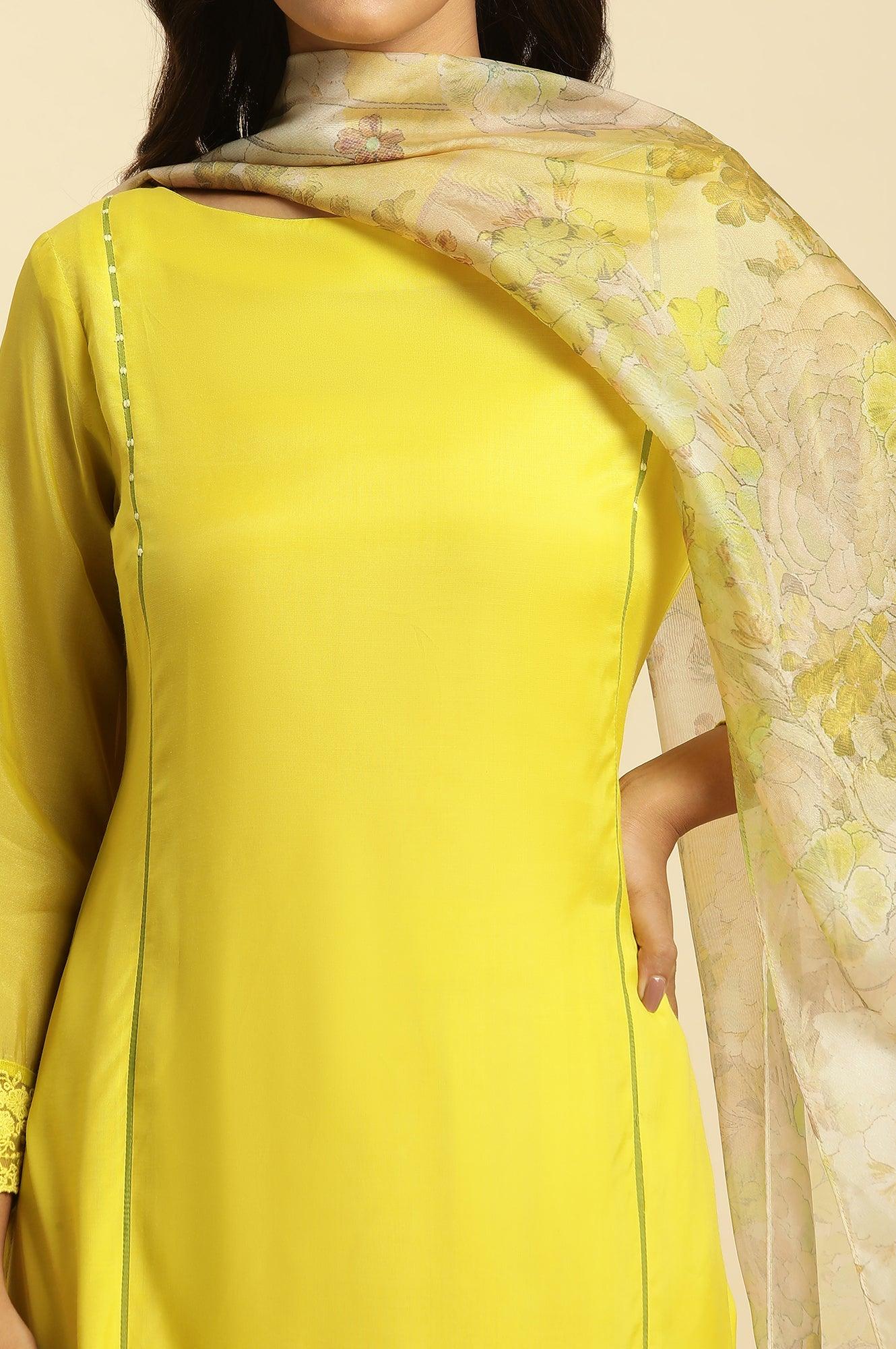 Lime Green Lace Work Kurta, Pants And Dupatta Set - wforwoman