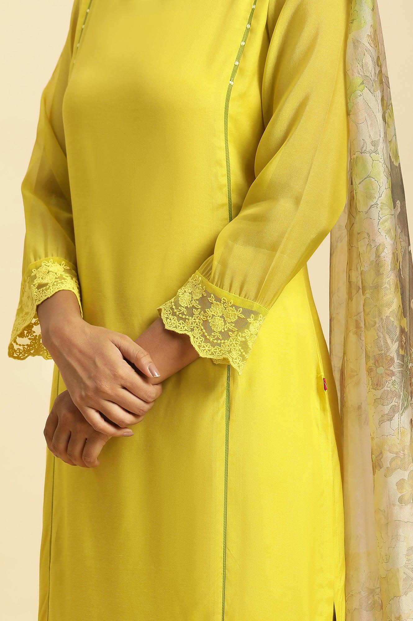 Lime Green Lace Work Kurta, Pants And Dupatta Set - wforwoman
