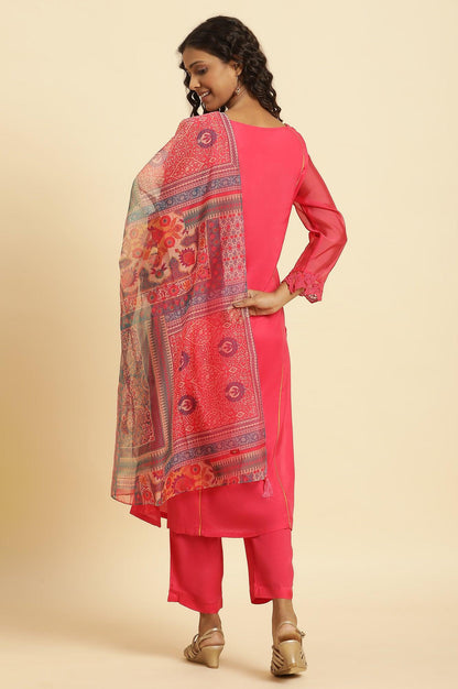 Pink Lace Work Kurta, Pants And Dupatta Set - wforwoman