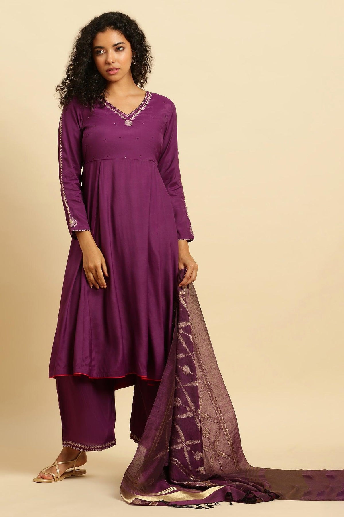 Purple Anarkali Festive Kurta, Parallel Pants And Dupatta Set - XS