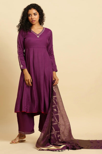 Purple Anarkali Festive Kurta, Parallel Pants And Dupatta Set - wforwoman