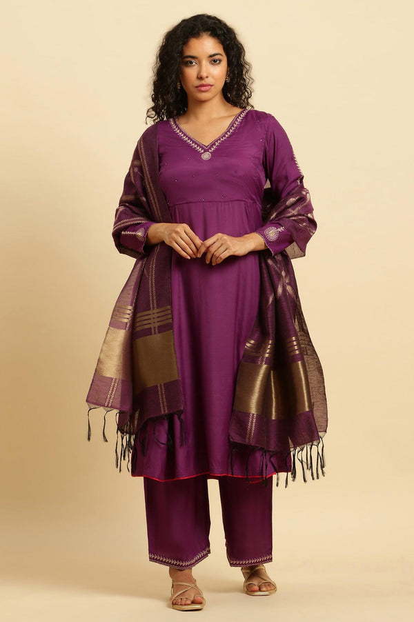 Purple Anarkali Festive Kurta, Parallel Pants And Dupatta Set