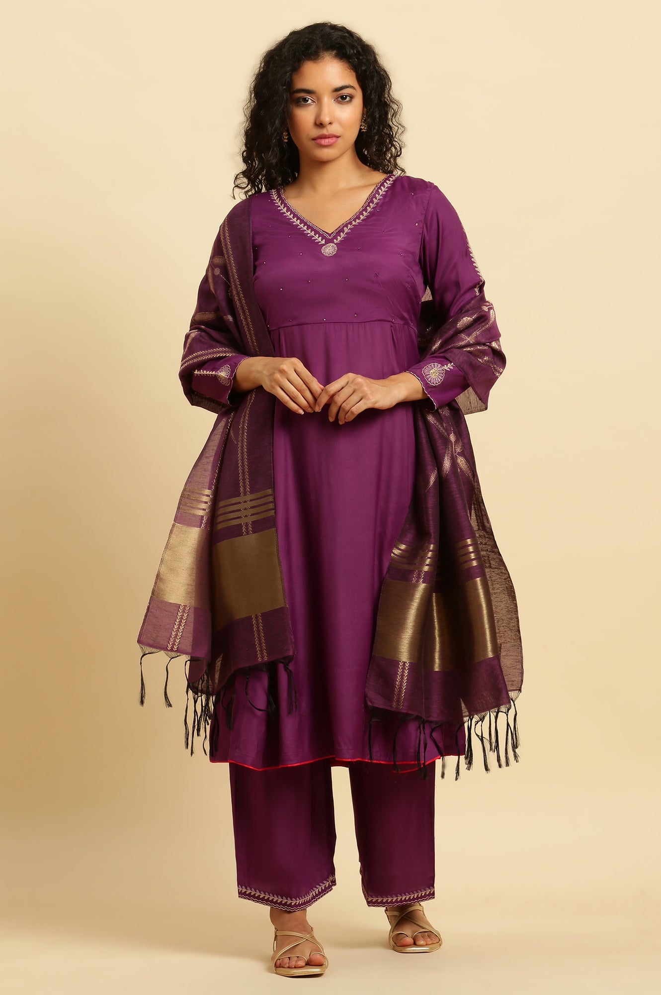 Purple Anarkali Festive Kurta, Parallel Pants And Dupatta Set - wforwoman