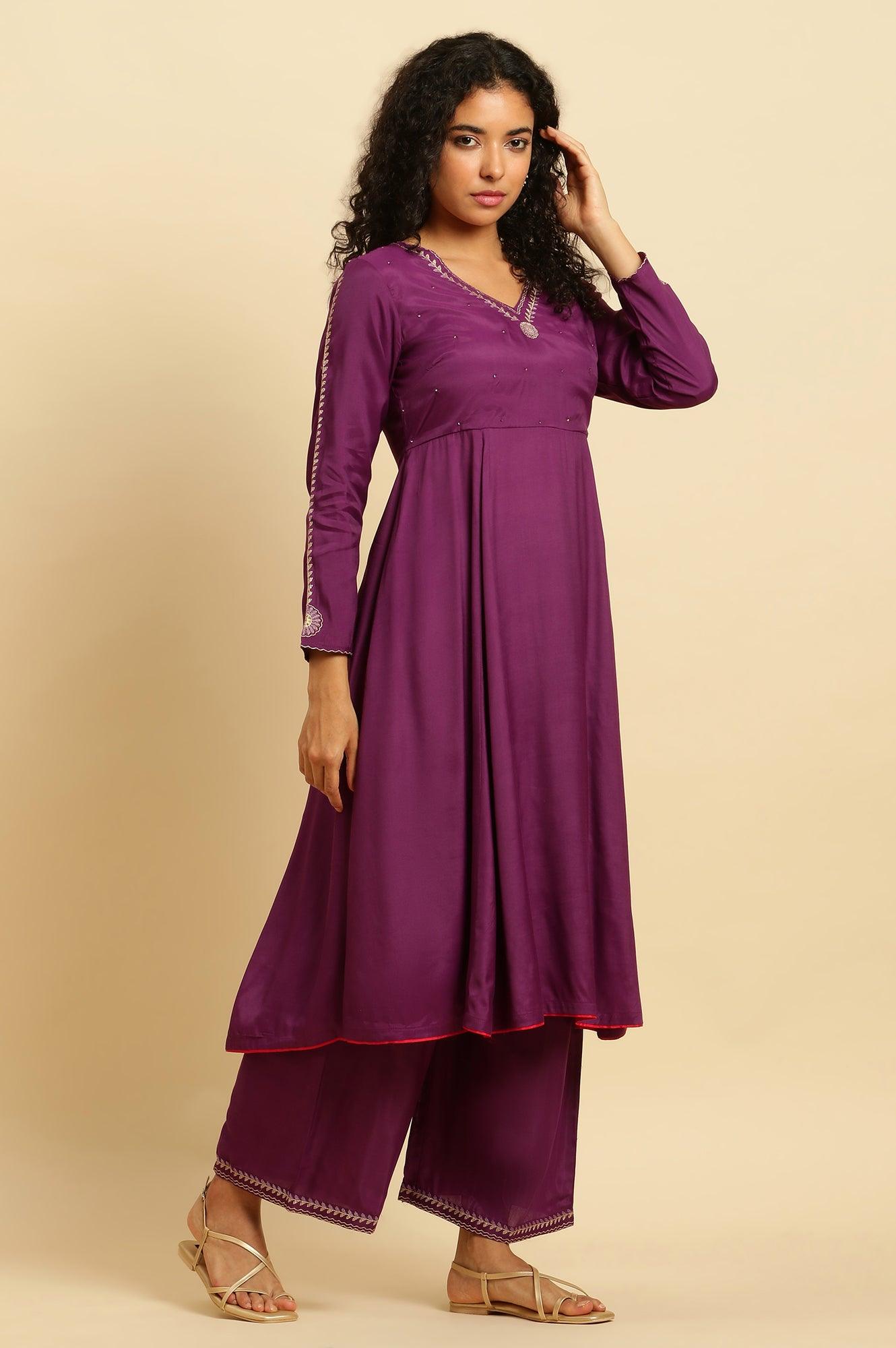 Purple Anarkali Festive Kurta, Parallel Pants And Dupatta Set - wforwoman